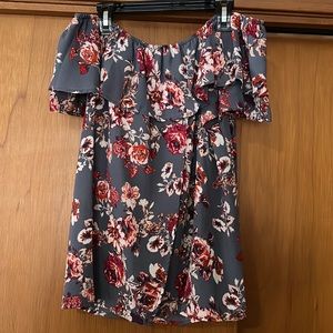 Floral off the shoulder top, criss cross back, size medium